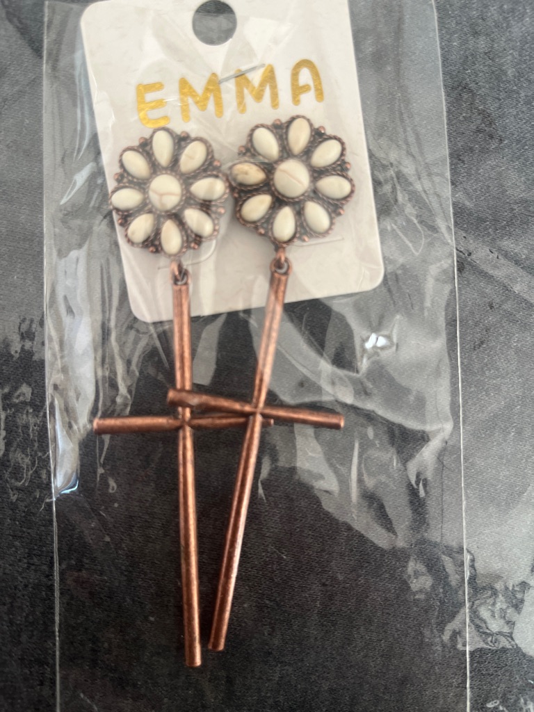 Emma Floral White Stone Cross Drop Earrings